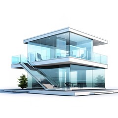 A modern glass house, floor-to-ceiling windows, sleek design, isolated on white background 