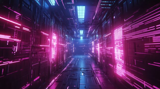 A futuristic tunnel with neon lights and pink and blue colors