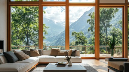 Fototapeta premium A contemporary villa with large windows framing a serene mountain landscape, showcasing modern interior design and nature's tranquility.