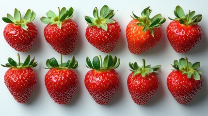 A row of red strawberries on a white background