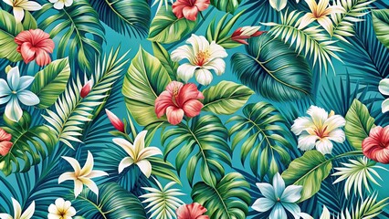 white seamless tropical floral pattern on blue background