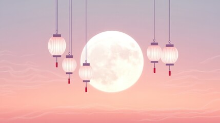 Obraz premium A moon is in the sky above a group of lanterns