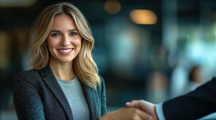 Fototapeta premium Successful Mid-Aged Businesswoman Manager Greeting Client in Office