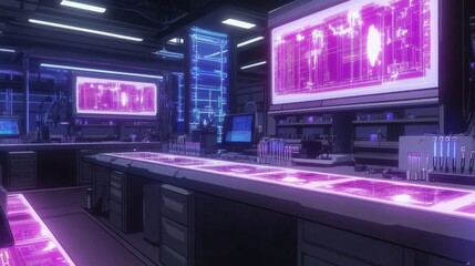 Fototapeta premium A modern anime-style science lab with digital screens, test tubes, and glowing equipment for groundbreaking experiments