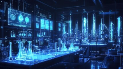 Obraz premium A modern anime-style science lab with digital screens, test tubes, and glowing equipment for groundbreaking experiments