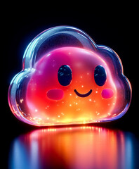 Cute glowing cloud with a smiling face in neon lights. Cartoonish cloud in bright neon colors, set against a dark background for a playful and futuristic vibe.