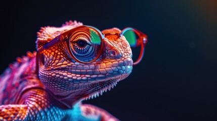 Fototapeta premium Neon iguana wearing glasses with colorful natural colors, black background, AI generated image