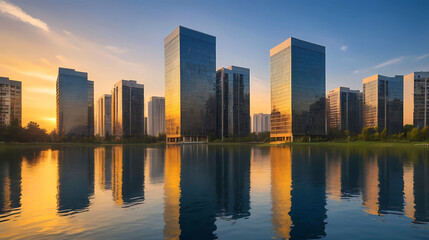 Fototapeta premium Stunning views of modern buildings reflected in the water with the sunset