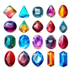 A set of colorful gemstones, polished and shiny, arranged neatly, isolated on white background  