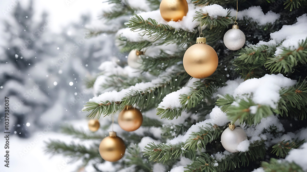 Wall mural close up shot of christmas tree with ornaments on snow background