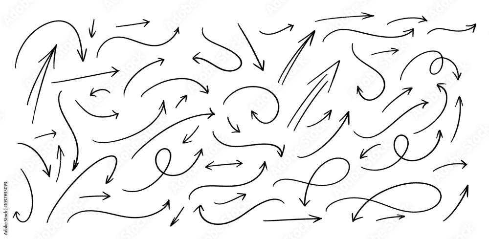 Poster Hand drawn arrows, curved and sketchy, in different shapes for design elements and navigation, black line art.