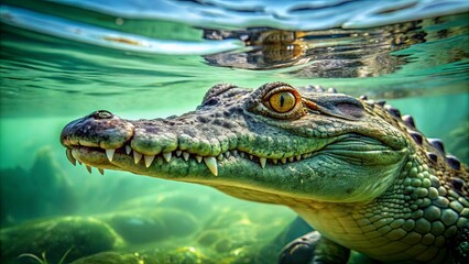Fototapeta premium A Close-Up View of a Crocodile Lurking Beneath the Surface of the Water, Its Yellow Eye Glimmering with a Primal Intensity, Its Teeth Gleaming White Against the Green Background