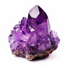 Fototapeta premium A natural amethyst cluster, purple crystals, raw gemstone, isolated on white background 