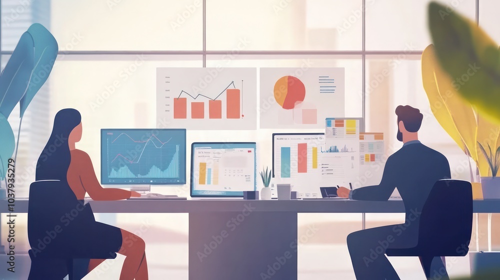 Aufkleber Two people are sitting at a desk with multiple monitors and graphs