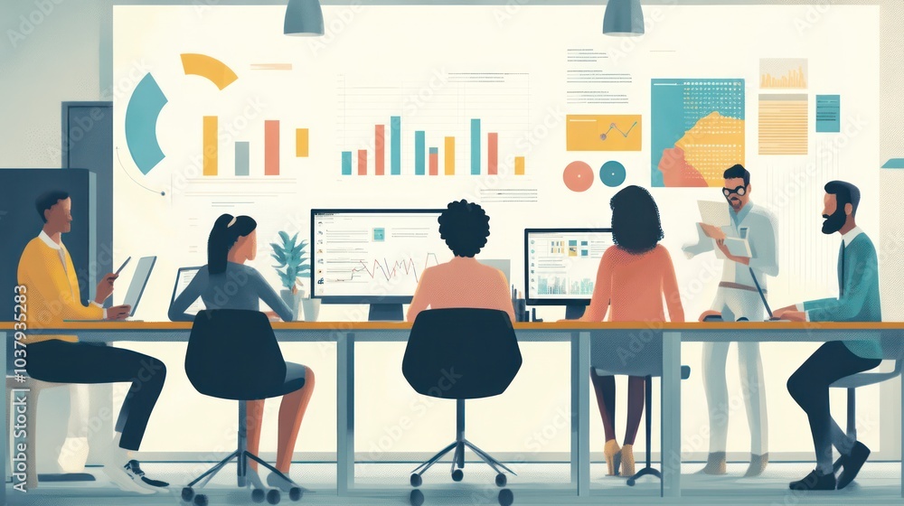 Poster A group of people are sitting at a table with a large monitor in front of them