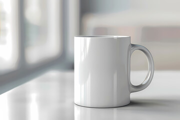 A blank white coffee mug sits elegantly on a tabletop, illuminated by soft morning light, inviting a touch of creativity.