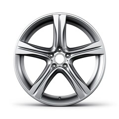 Obraz premium A modern car alloy wheel, sleek silver design, five spokes, isolated on white background