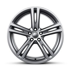 A modern car alloy wheel, sleek silver design, five spokes, isolated on white background  
