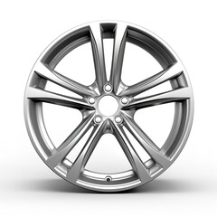 A modern car alloy wheel, sleek silver design, five spokes, isolated on white background 