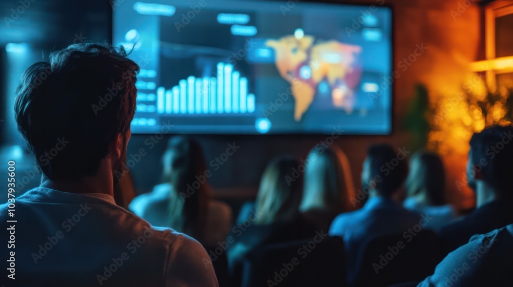 Poster a man is watching a projection of a world map on a screen