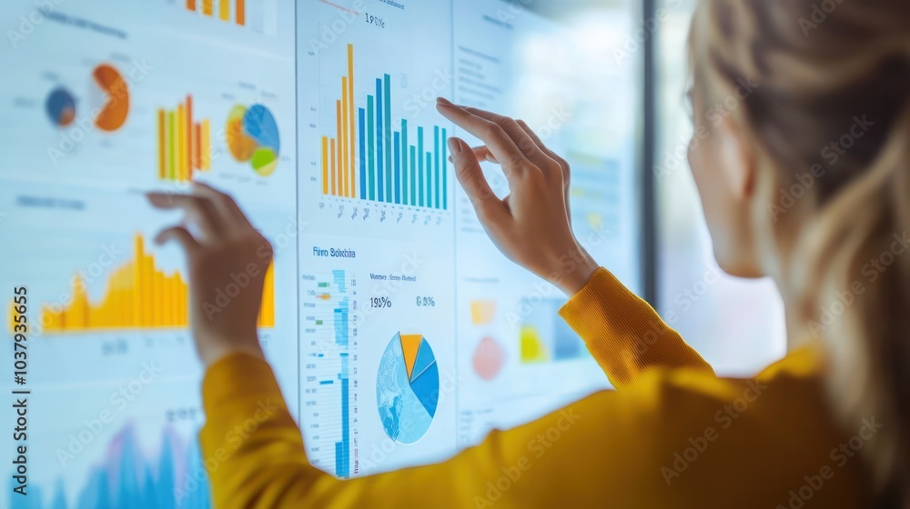 Leinwandbilder a woman is looking at a computer screen with a lot of graphs and charts