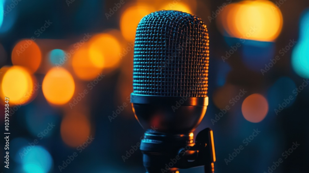Poster a microphone is on a stand in front of a blurry background