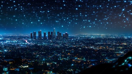 Fototapeta premium Network and connection technology concept with Downtown Los Angeles at night. 