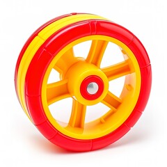 Obraz premium A colorful plastic tricycle wheel, bright red and yellow, children toy, isolated on white background 