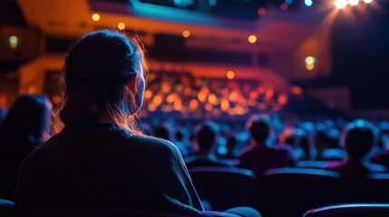 A woman sits in a dark theater watching a performance