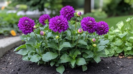 Purple dahlia flowers blooming in garden flowerbed