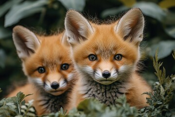 Two red fox cubs looking out from green bushes