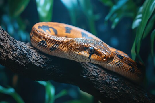 Orange snake resting on a branch in nature