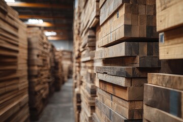 Warehouse storing sorted lumber timber wood material