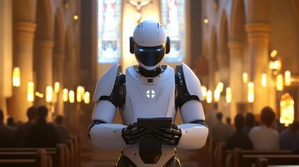 An AI robot, robed as a priest, preaching in a beautifully lit church, symbolizing the intersection of faith and advanced technology.