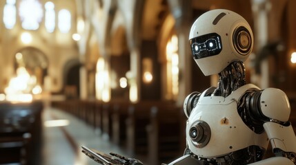 An AI robot, robed as a priest, preaching in a beautifully lit church, symbolizing the intersection of faith and advanced technology.