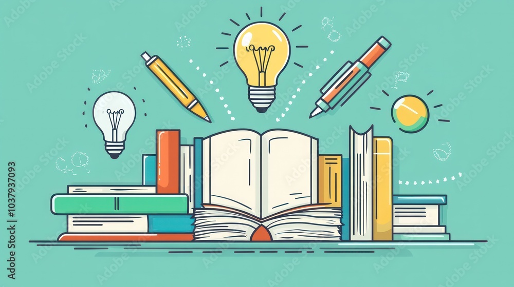Poster a book is open to a page with a light bulb and a pencil