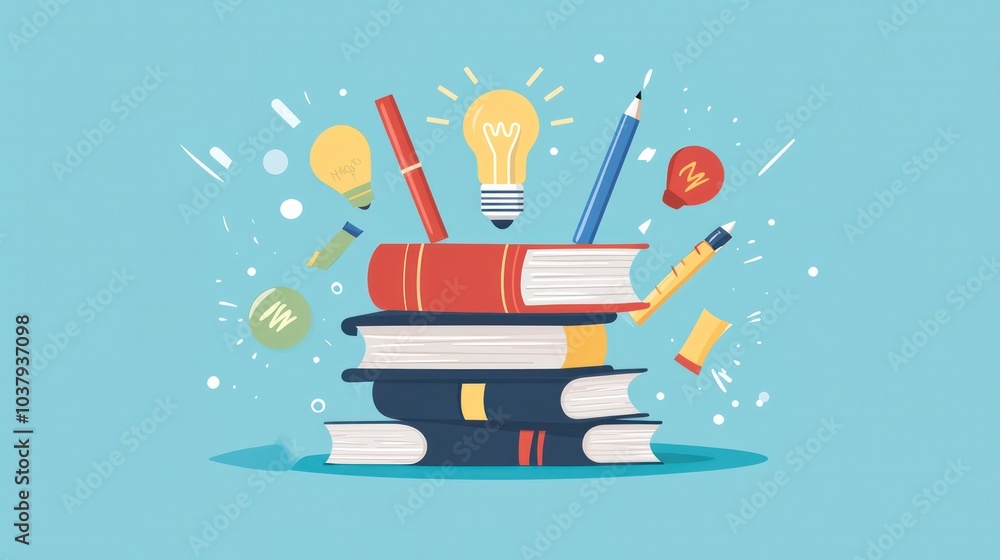 Poster A stack of books with a light bulb and pencils on top