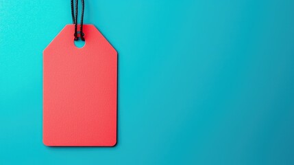 A vibrant red tag is suspended against a bright teal background, showcasing its simple design and color contrast.