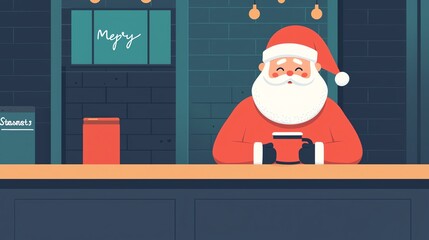 Santa impatiently waiting in line at a crowded coffee shop, holding a Merry Stressmas mug, visibly frustrated