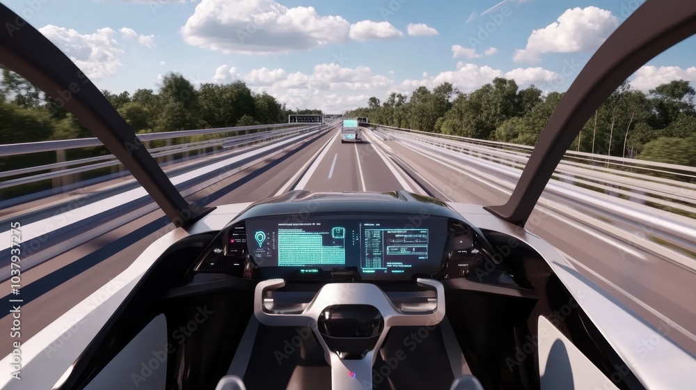 Poster autonomous car zipping down a futuristic highway, the ai display on the control panel showing real-t