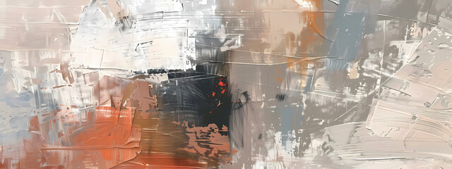 An abstract painting featuring a blend of soft beige, gray, and warm orange hues, creating a textured composition that evokes emotion.