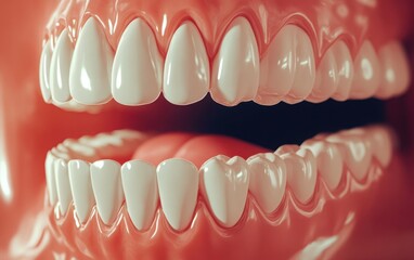 Obraz premium A detailed 3D rendering of human teeth in an open mouth, showcasing the gums and dental structure