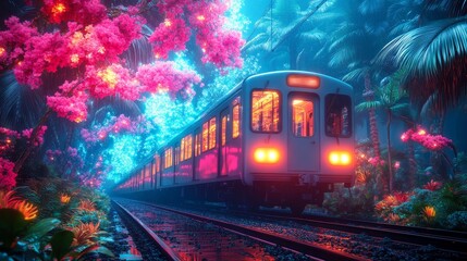 Obraz premium Futuristic Train Station Amidst Lush Tropical Flora and Neon Lights