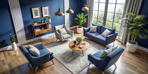 Stylish living space showcases modern armchairs against dark blue walls and white flooring, providing trendy