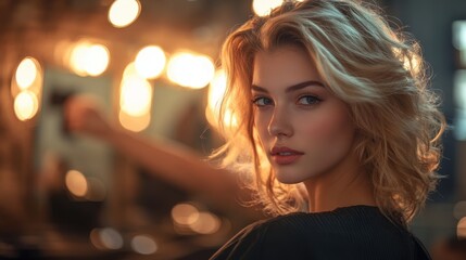 Fototapeta premium Beautiful blonde model getting a stylish new haircut at a modern hairdresser salon, with focused hands of the stylist in the background.