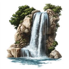 Waterfall clipart, nature element, photorealistic, cascading water, isolated on white background 