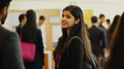An Indian student attending a career fair or networking event at a university, with booths and professionals in the background.