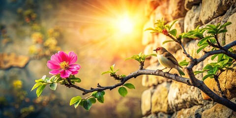 Obraz premium A small bird perches on a blossoming branch, basking in the warm glow of a setting sun, its delicate feathers catching the light as it gazes towards the horizon.