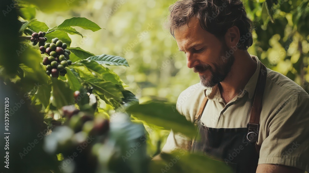 Poster a man is picking coffee beans from a tree