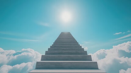 A stunning visual of stairs ascending into a bright sky filled with clouds. This image symbolizes hope, aspiration, and open possibilities. Perfect for themes of journey and elevation.